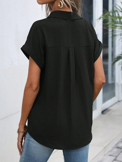 LUNE Solid Batwing Sleeve Button Front Shirt,Short Sleeve Tops