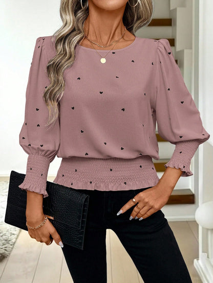 LUNE Vintage Heart Print Casual Commute Streetwear Round Neck Frill Trim Puff Sleeve Blouse For Women