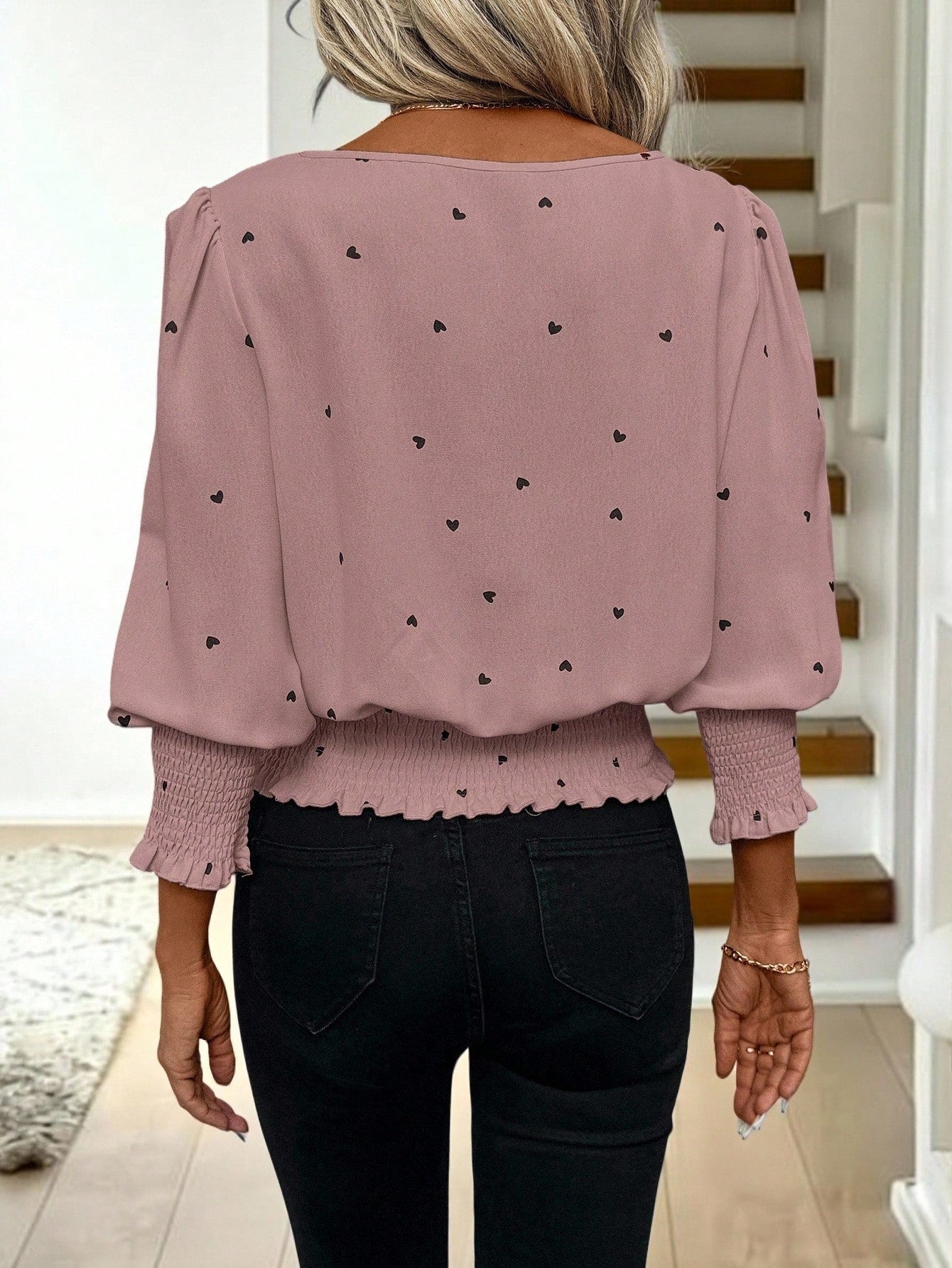 LUNE Vintage Heart Print Casual Commute Streetwear Round Neck Frill Trim Puff Sleeve Blouse For Women