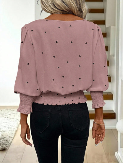 LUNE Vintage Heart Print Casual Commute Streetwear Round Neck Frill Trim Puff Sleeve Blouse For Women