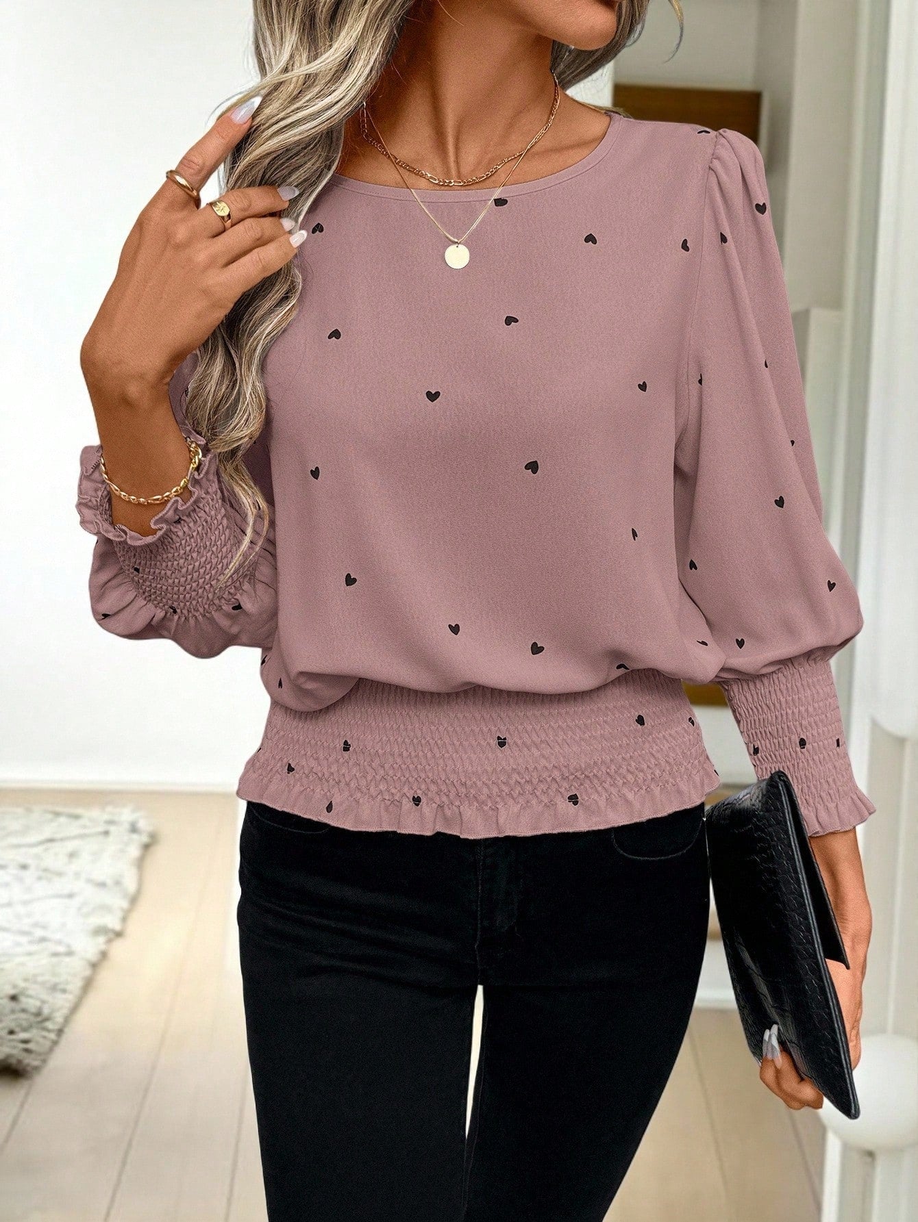 LUNE Vintage Heart Print Casual Commute Streetwear Round Neck Frill Trim Puff Sleeve Blouse For Women