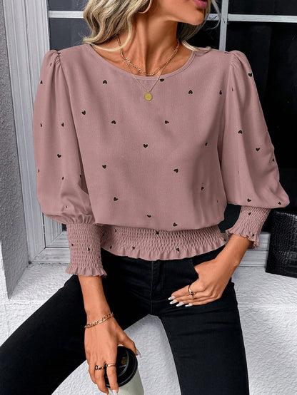 LUNE Vintage Heart Print Casual Commute Streetwear Round Neck Frill Trim Puff Sleeve Blouse For Women