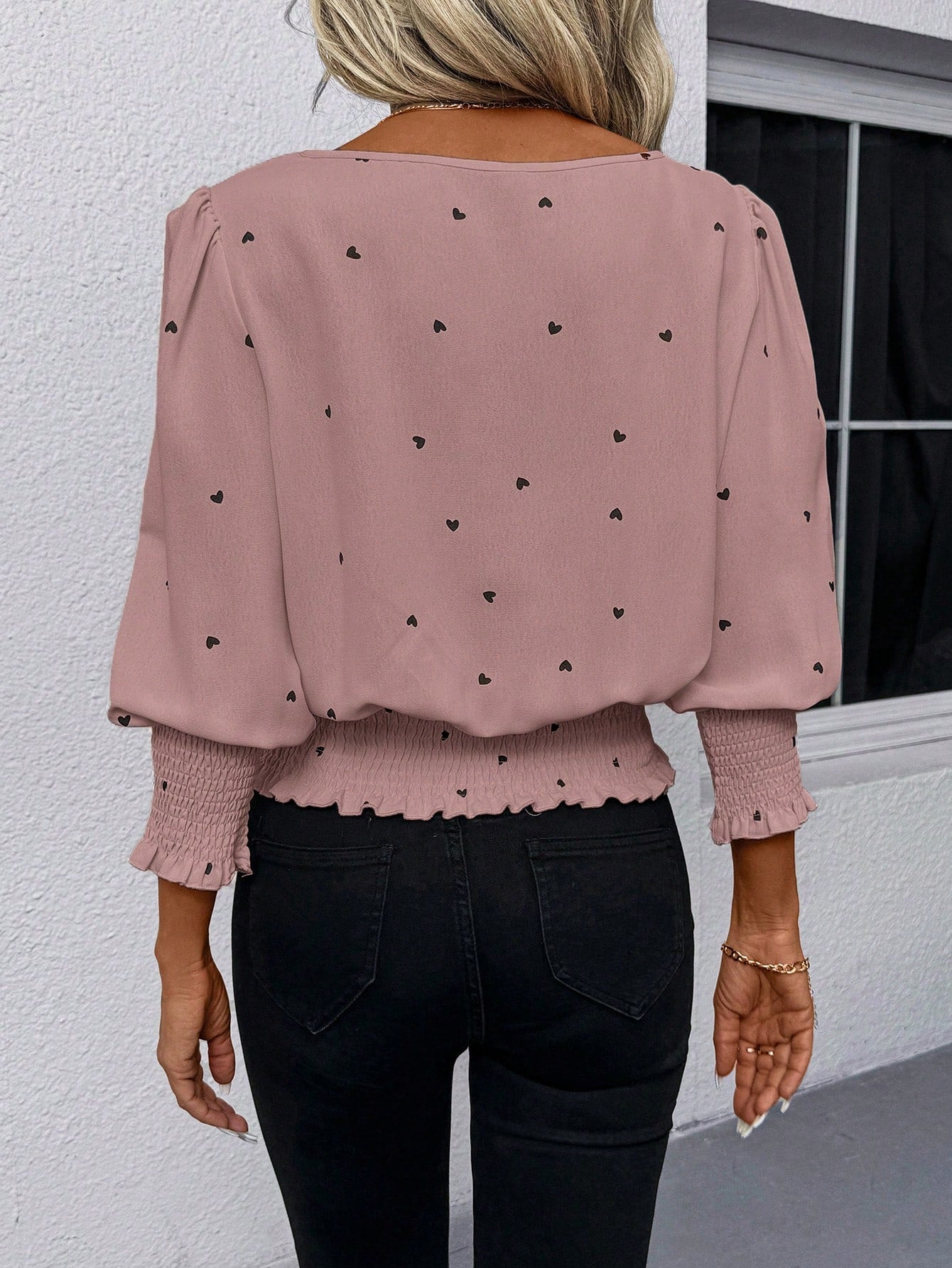 LUNE Vintage Heart Print Casual Commute Streetwear Round Neck Frill Trim Puff Sleeve Blouse For Women