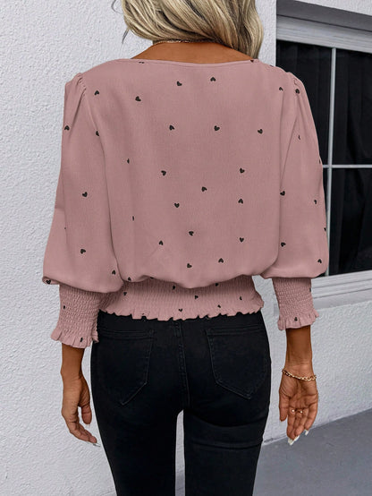 LUNE Vintage Heart Print Casual Commute Streetwear Round Neck Frill Trim Puff Sleeve Blouse For Women