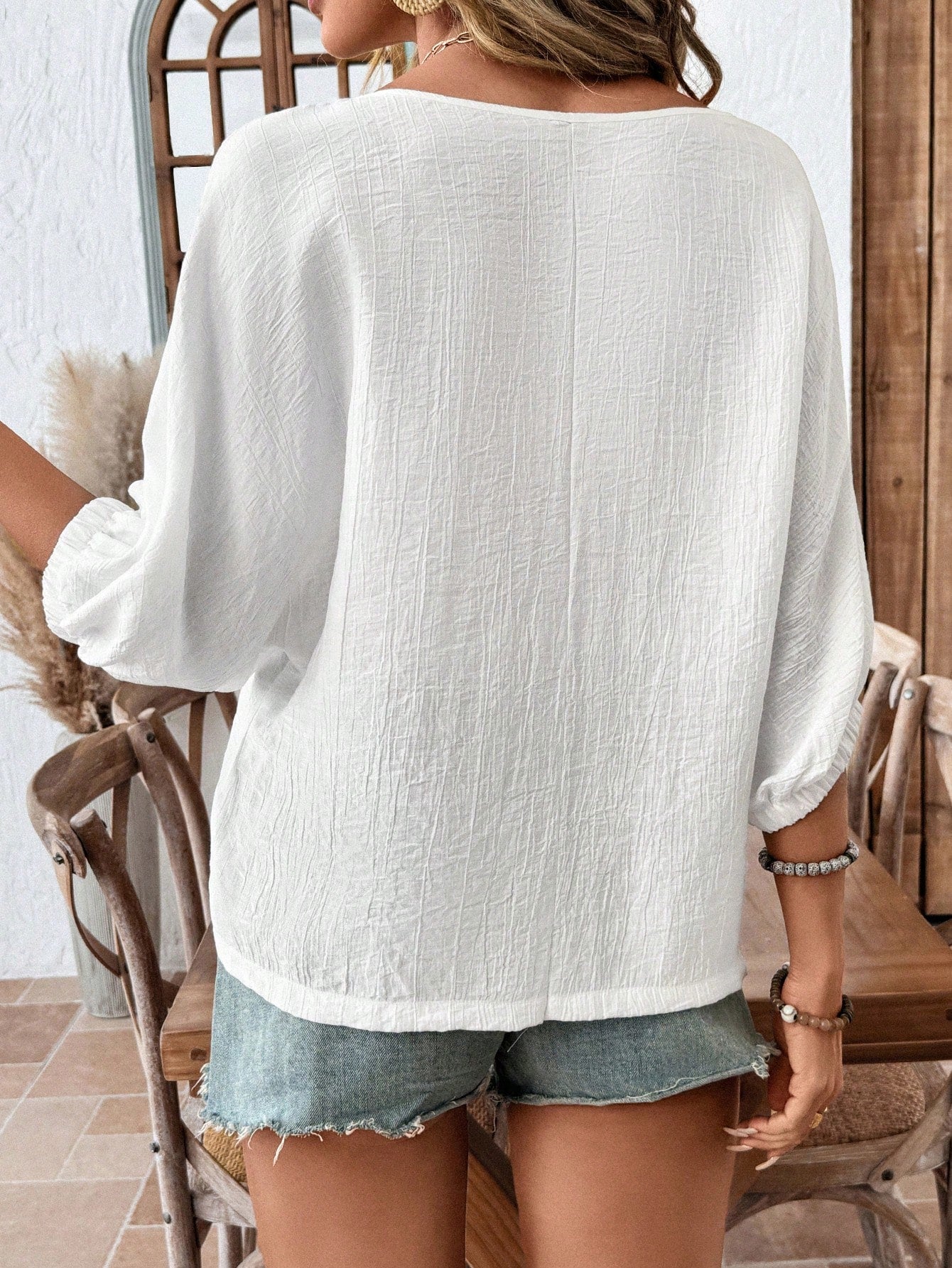 LUNE Women's Casual Solid Color Batwing Sleeve Basic 3,4 Blouse, Spring & Summer Cute Top Crop Shirt Women Vacation Beach For Woman
