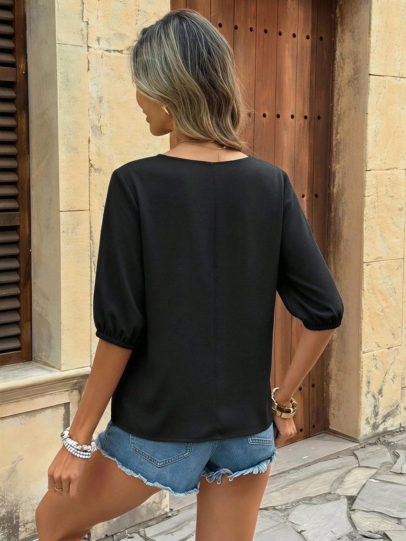 LUNE Women's Casual Versatile 3/4 Sleeve Black Cotton Shirt Vacation Summer