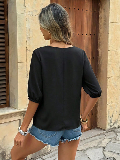 LUNE Women's Casual Versatile 3/4 Sleeve Black Cotton Shirt Vacation Summer