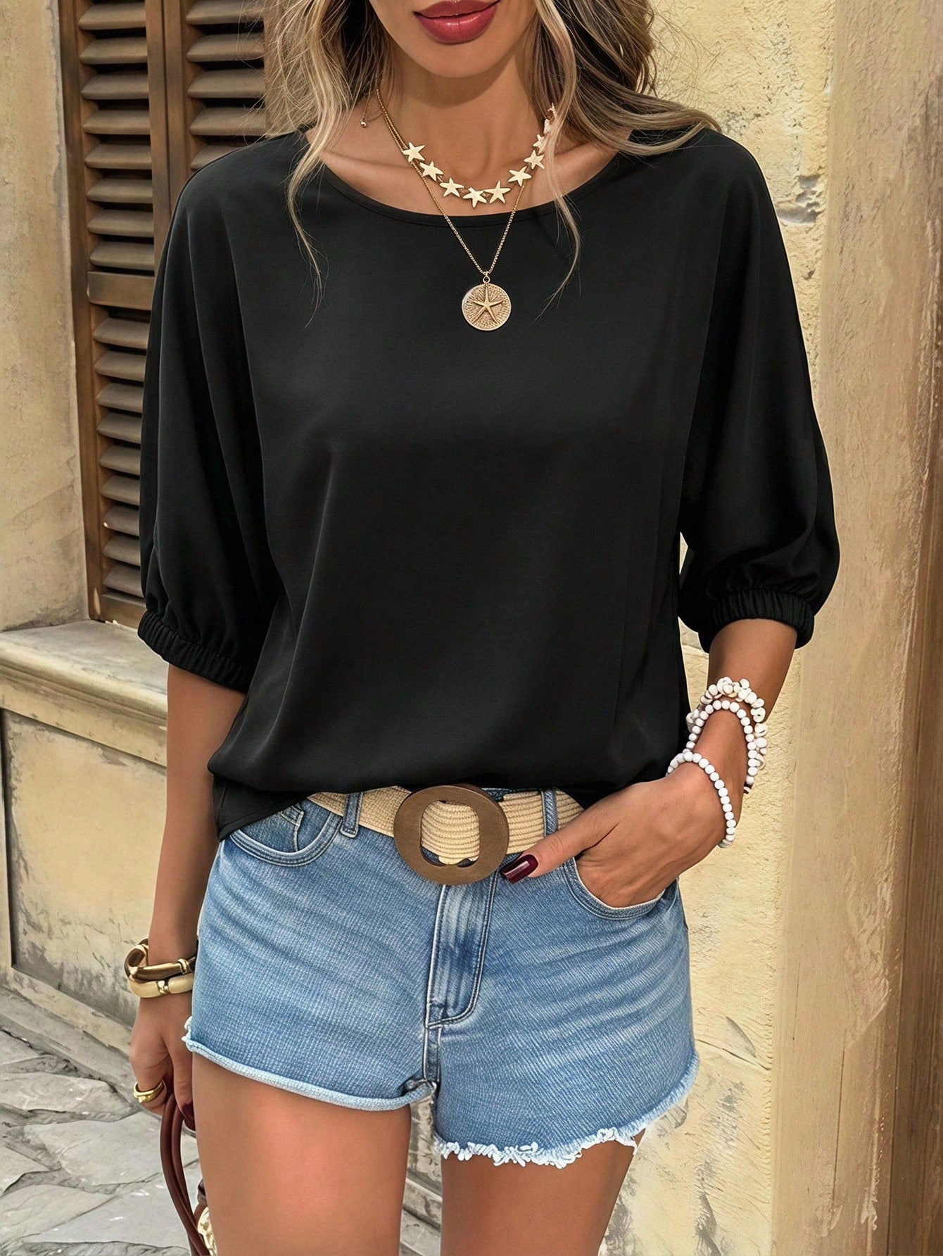 LUNE Women's Casual Versatile 3/4 Sleeve Black Cotton Shirt Vacation Summer