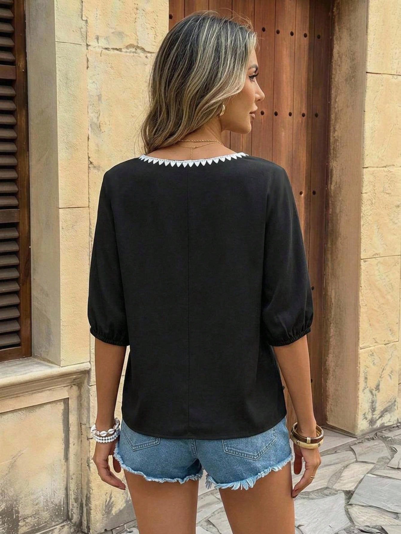 LUNE Women's Casual Versatile 3/4 Sleeve Black Cotton Shirt Vacation Summer
