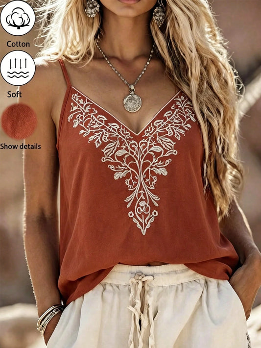 LUNE Women's Cotton Embroidered Camisole Tank Top In Rust Red