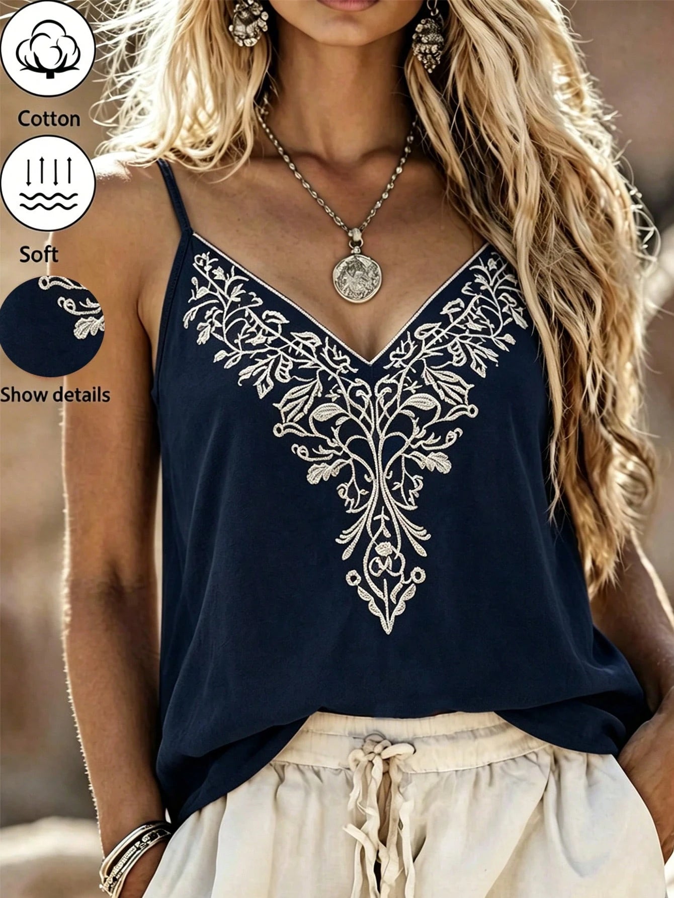 LUNE Women's Cotton Embroidered Camisole Tank Top In Rust Red