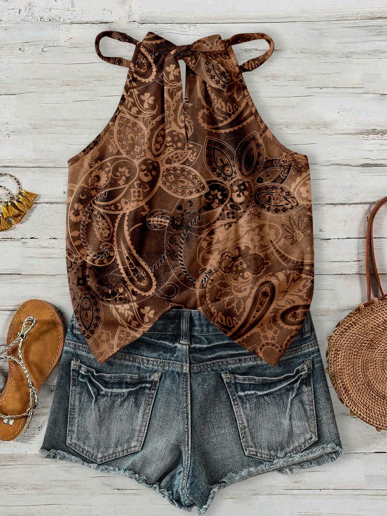 LUNE Women's Halter Neck Tank Top,Brown Checkered,Summer,Boho,Holiday,Vacation,Holiday Retro Distressed Green Floral Print Minimalist Beach Music Festival