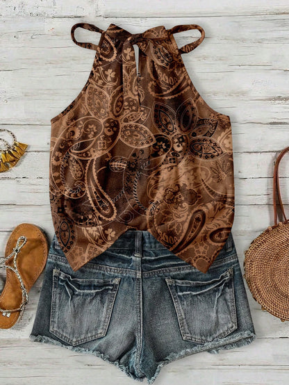 LUNE Women's Halter Neck Tank Top,Brown Checkered,Summer,Boho,Holiday,Vacation,Holiday Retro Distressed Green Floral Print Minimalist Beach Music Festival