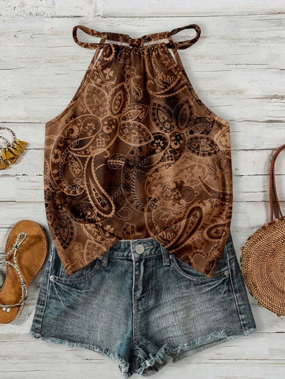 LUNE Women's Halter Neck Tank Top,Brown Checkered,Summer,Boho,Holiday,Vacation,Holiday Retro Distressed Green Floral Print Minimalist Beach Music Festival