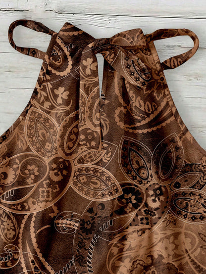 LUNE Women's Halter Neck Tank Top,Brown Checkered,Summer,Boho,Holiday,Vacation,Holiday Retro Distressed Green Floral Print Minimalist Beach Music Festival