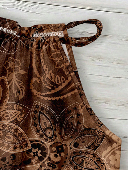 LUNE Women's Halter Neck Tank Top,Brown Checkered,Summer,Boho,Holiday,Vacation,Holiday Retro Distressed Green Floral Print Minimalist Beach Music Festival