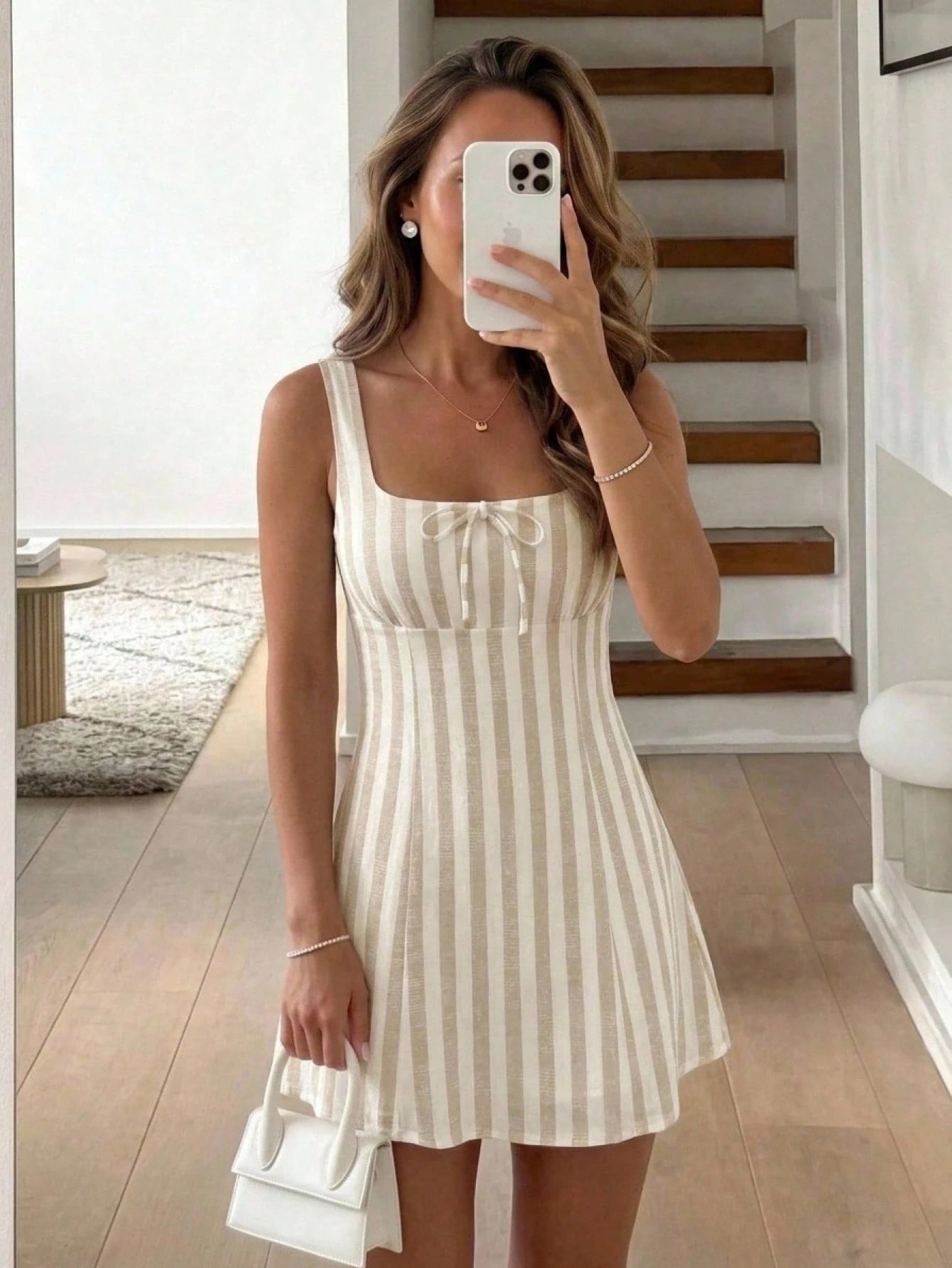 LUNE Women's Off-White Pattern Bow High Waist Mini Tank Dress Vacation Summer Boho