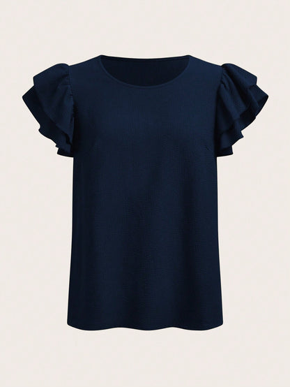 LUNE Women's Solid Color Round Neck Casual Versatile Daily Wear Shirt,Summer Top