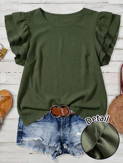 LUNE Women's Solid Color Round Neck Casual Versatile Daily Wear Shirt,Summer Top