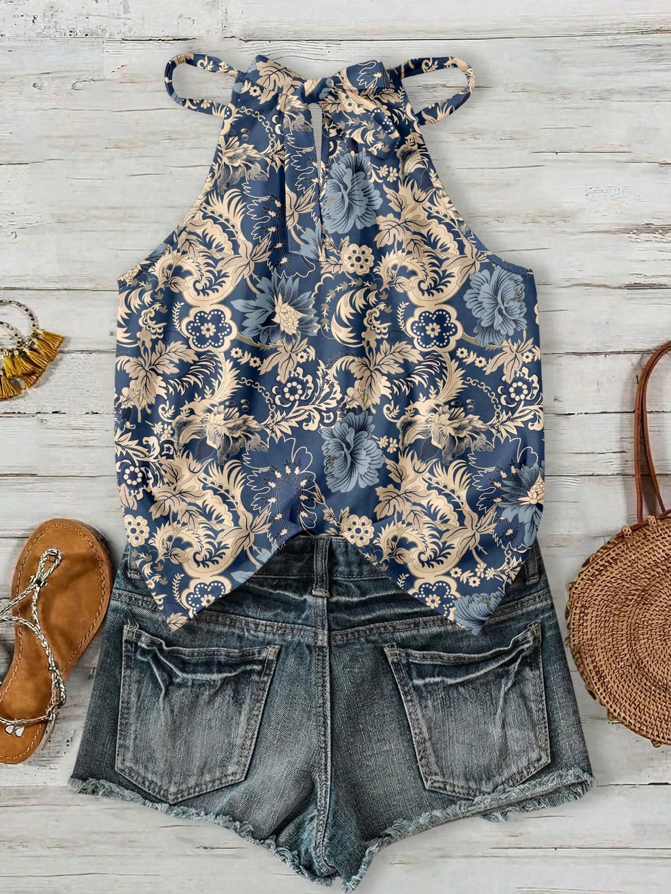 LUNE Women's Summer Beach Vacation Floral Print Halter Top,Summer Top