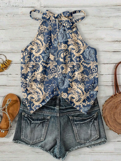 LUNE Women's Summer Beach Vacation Floral Print Halter Top,Summer Top