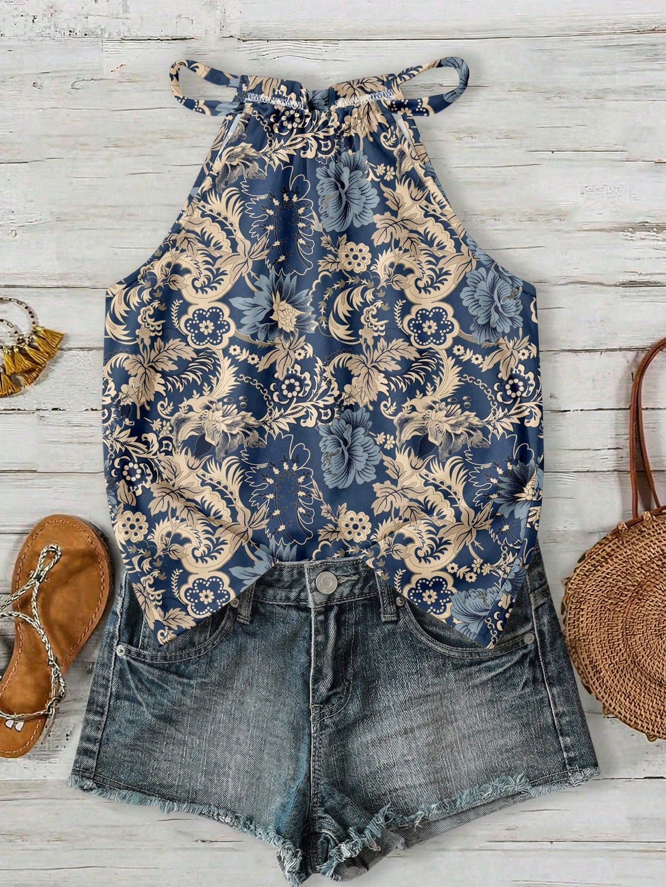 LUNE Women's Summer Beach Vacation Floral Print Halter Top,Summer Top