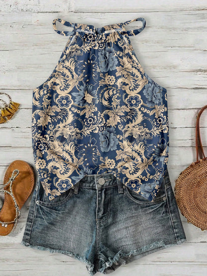 LUNE Women's Summer Beach Vacation Floral Print Halter Top,Summer Top
