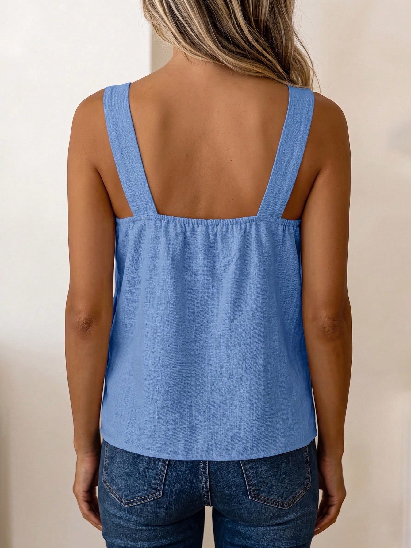 LUNE Women's Summer Blue Square Neck Sleeveless Side Coconut Button Decor Loose Wide Straps Top, Suitable For Beach, Travel, Vacation, Street Style, Summer, Fashionable Niche Design Versatile C