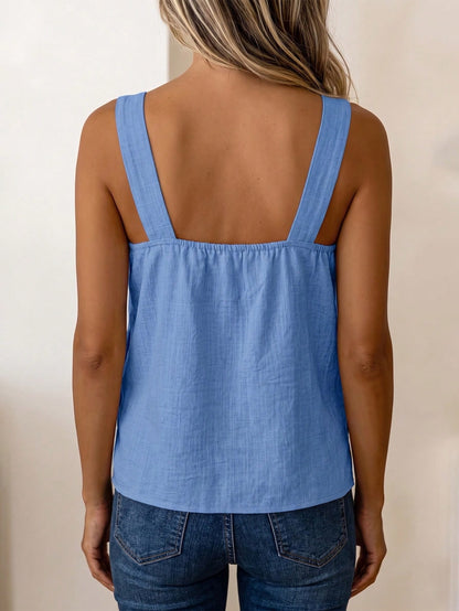 LUNE Women's Summer Blue Square Neck Sleeveless Side Coconut Button Decor Loose Wide Straps Top, Suitable For Beach, Travel, Vacation, Street Style, Summer, Fashionable Niche Design Versatile C