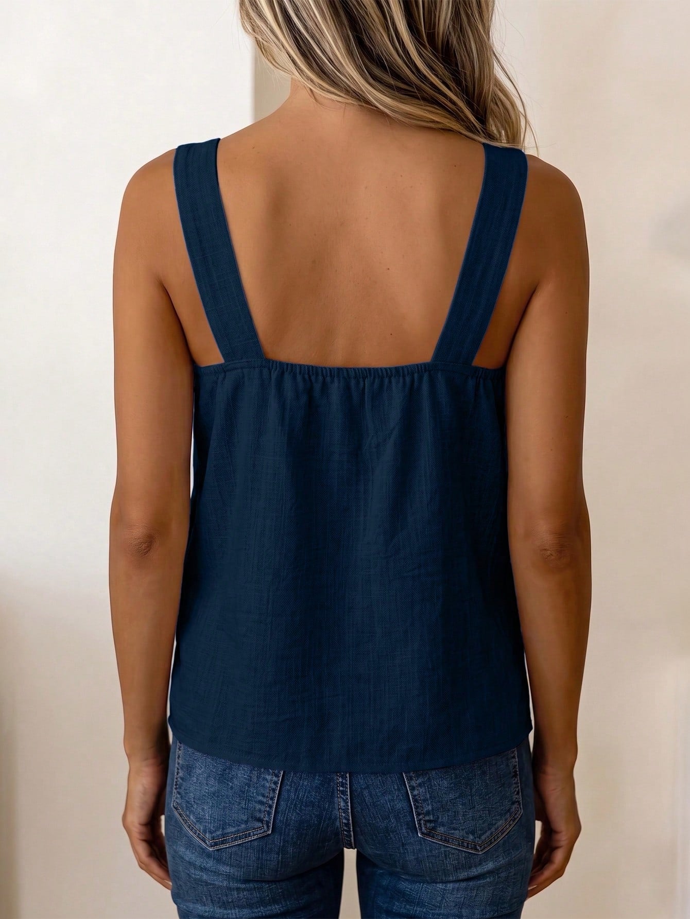 LUNE Women's Summer Blue Square Neck Sleeveless Side Coconut Button Decor Loose Wide Straps Top, Suitable For Beach, Travel, Vacation, Street Style, Summer, Fashionable Niche Design Versatile C