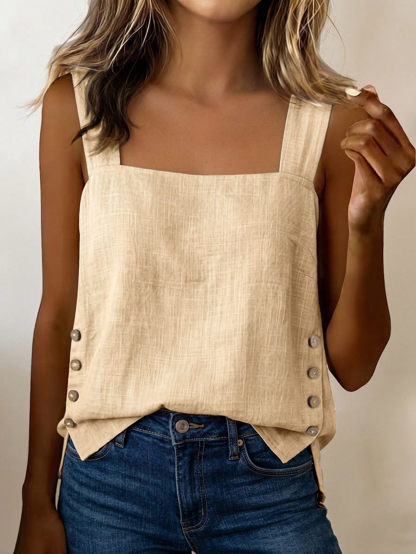 LUNE Women's Summer Blue Square Neck Sleeveless Side Coconut Button Decor Loose Wide Straps Top, Suitable For Beach, Travel, Vacation, Street Style, Summer, Fashionable Niche Design Versatile C