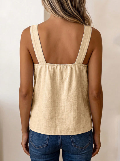 LUNE Women's Summer Blue Square Neck Sleeveless Side Coconut Button Decor Loose Wide Straps Top, Suitable For Beach, Travel, Vacation, Street Style, Summer, Fashionable Niche Design Versatile C