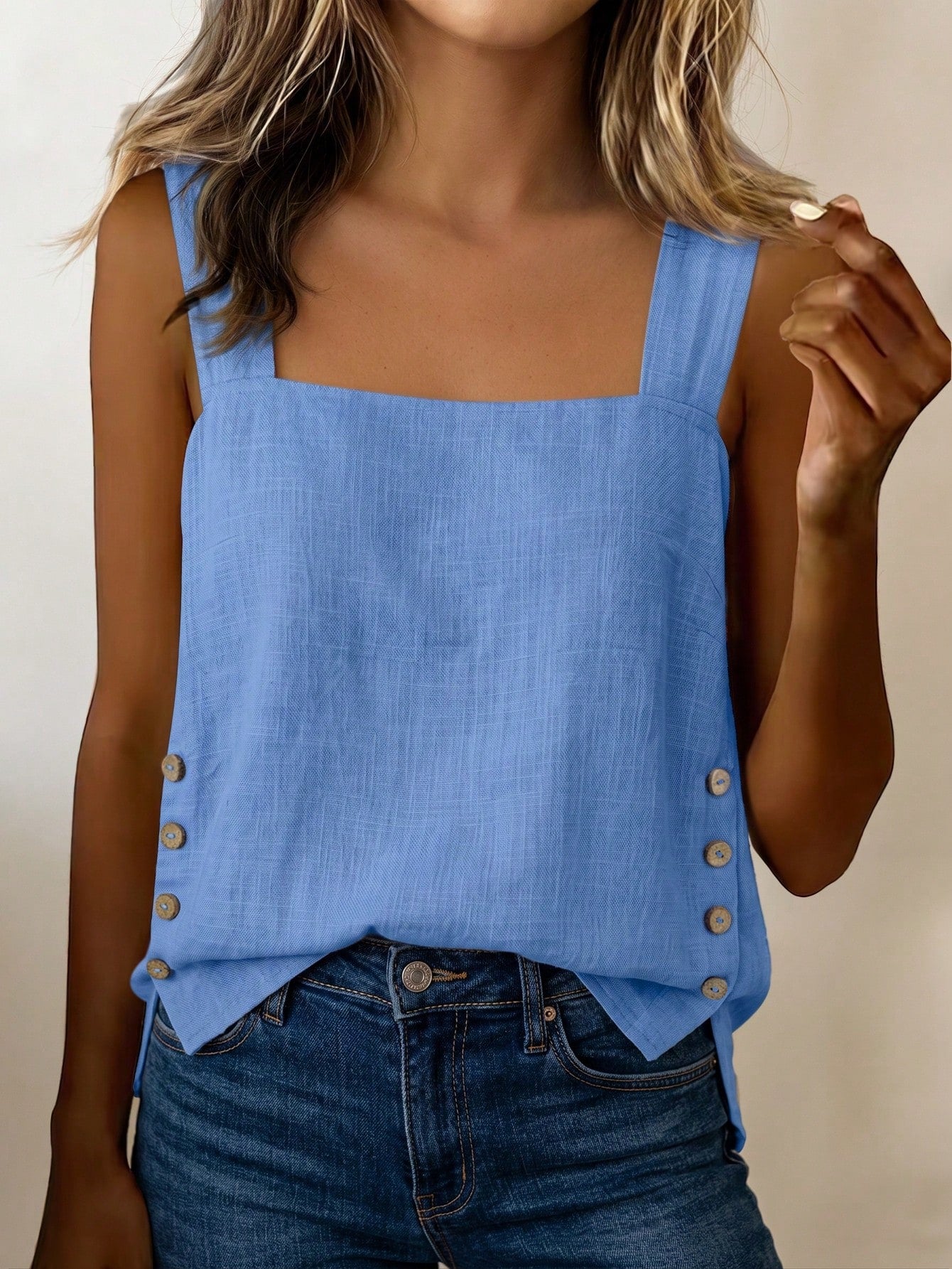 LUNE Women's Summer Blue Square Neck Sleeveless Side Coconut Button Decor Loose Wide Straps Top, Suitable For Beach, Travel, Vacation, Street Style, Summer, Fashionable Niche Design Versatile C