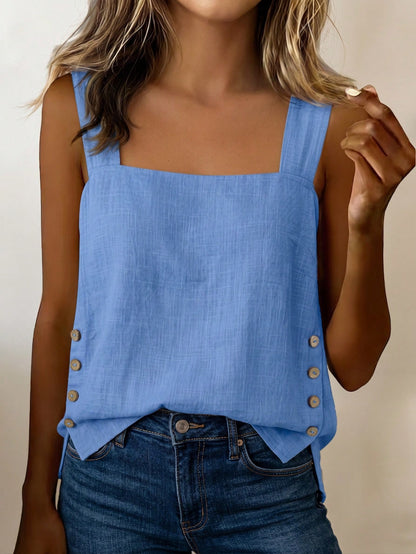 LUNE Women's Summer Blue Square Neck Sleeveless Side Coconut Button Decor Loose Wide Straps Top, Suitable For Beach, Travel, Vacation, Street Style, Summer, Fashionable Niche Design Versatile C
