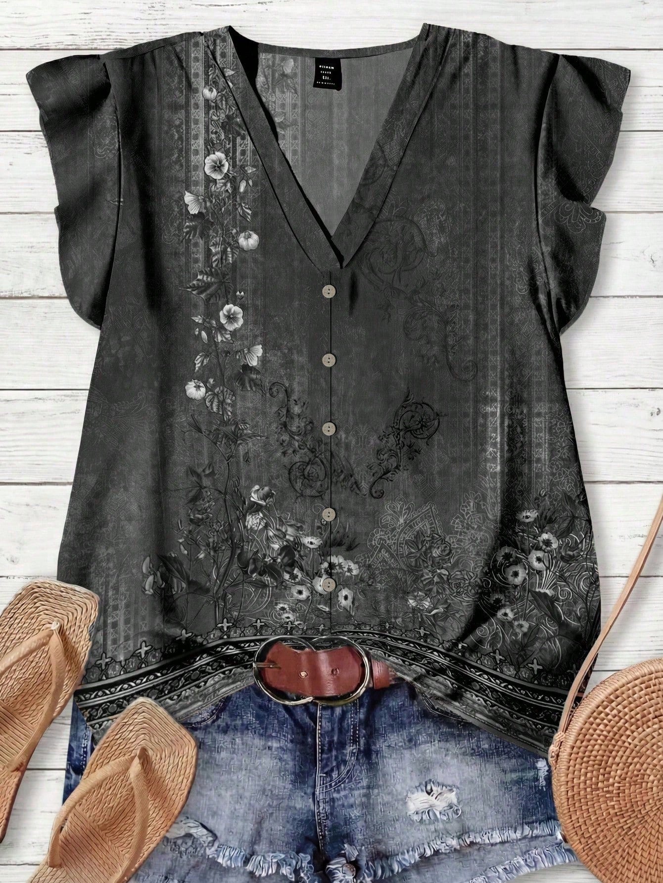 LUNE Women's V-Neck Floral Print Ruffle Hem Casual Blouse, Suitable For Summer,Summer Top