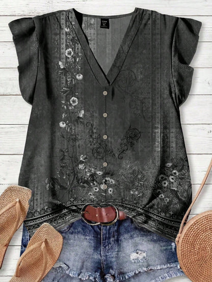 LUNE Women's V-Neck Floral Print Ruffle Hem Casual Blouse, Suitable For Summer,Summer Top