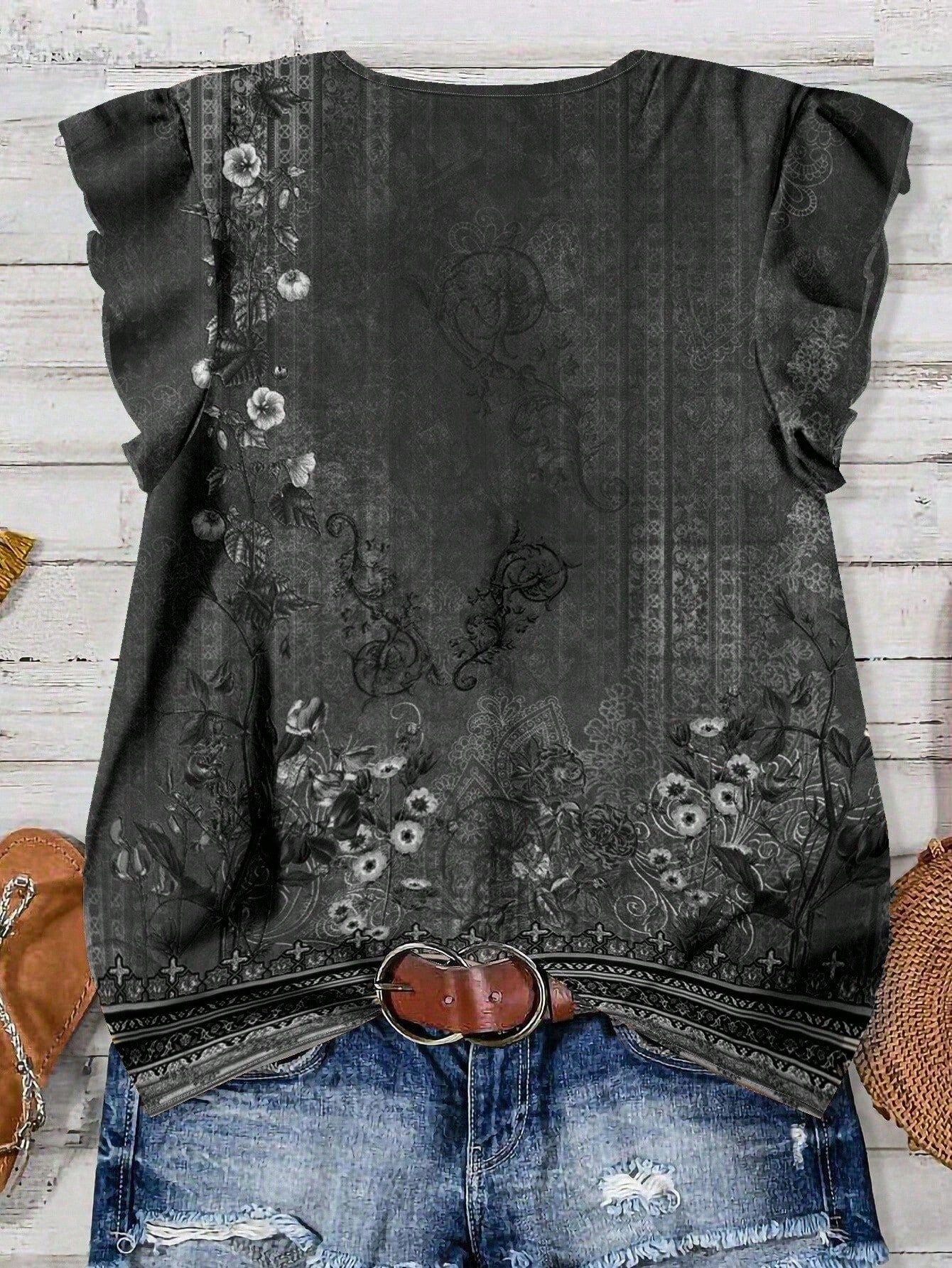 LUNE Women's V-Neck Floral Print Ruffle Hem Casual Blouse, Suitable For Summer,Summer Top