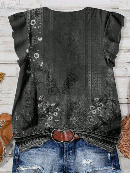 LUNE Women's V-Neck Floral Print Ruffle Hem Casual Blouse, Suitable For Summer,Summer Top