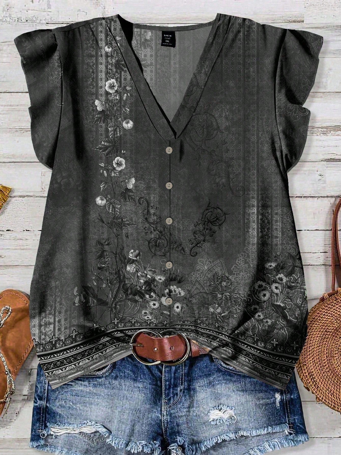 LUNE Women's V-Neck Floral Print Ruffle Hem Casual Blouse, Suitable For Summer,Summer Top