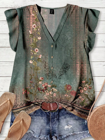 LUNE Women's V-Neck Floral Print Ruffle Hem Casual Blouse, Suitable For Summer,Summer Top