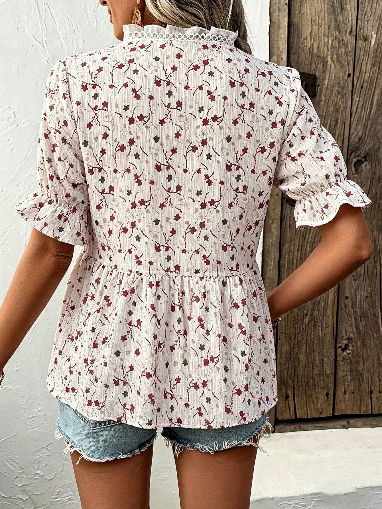 LUNE Women's White Floral V-Neck Ruffle Trim Blouse,Summer Boho Holiday Vacation Holiday Short Sleeve Pleated Waist A-Line Babydoll Cottage Core Shirt