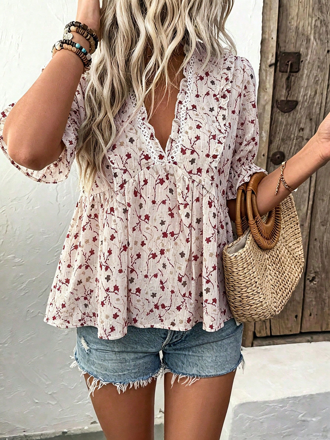 LUNE Women's White Floral V-Neck Ruffle Trim Blouse,Summer Boho Holiday Vacation Holiday Short Sleeve Pleated Waist A-Line Babydoll Cottage Core Shirt