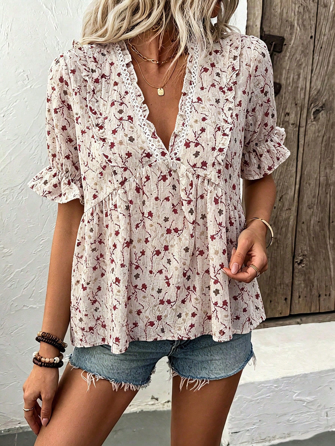 LUNE Women's White Floral V-Neck Ruffle Trim Blouse,Summer Boho Holiday Vacation Holiday Short Sleeve Pleated Waist A-Line Babydoll Cottage Core Shirt
