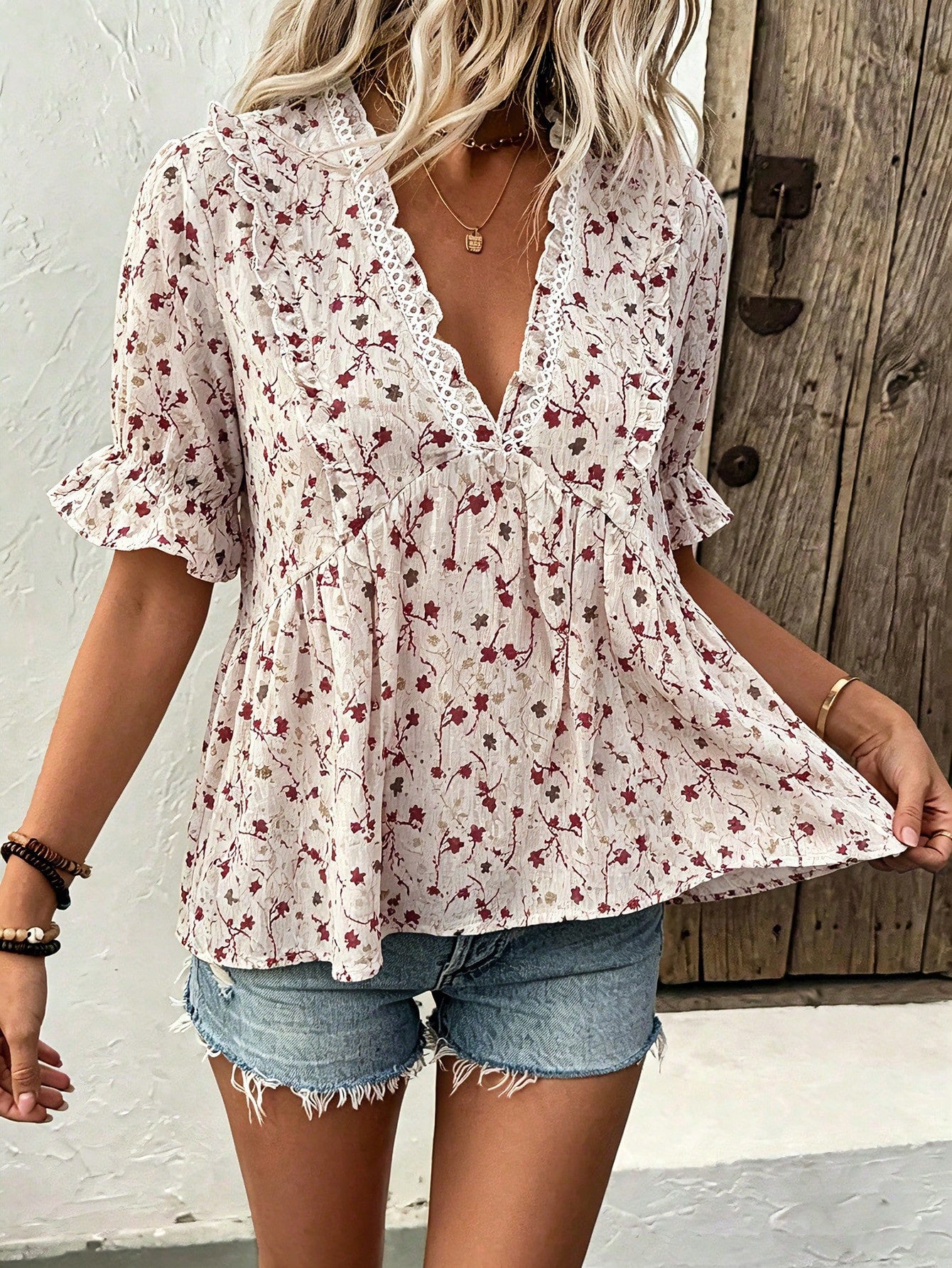 LUNE Women's White Floral V-Neck Ruffle Trim Blouse,Summer Boho Holiday Vacation Holiday Short Sleeve Pleated Waist A-Line Babydoll Cottage Core Shirt