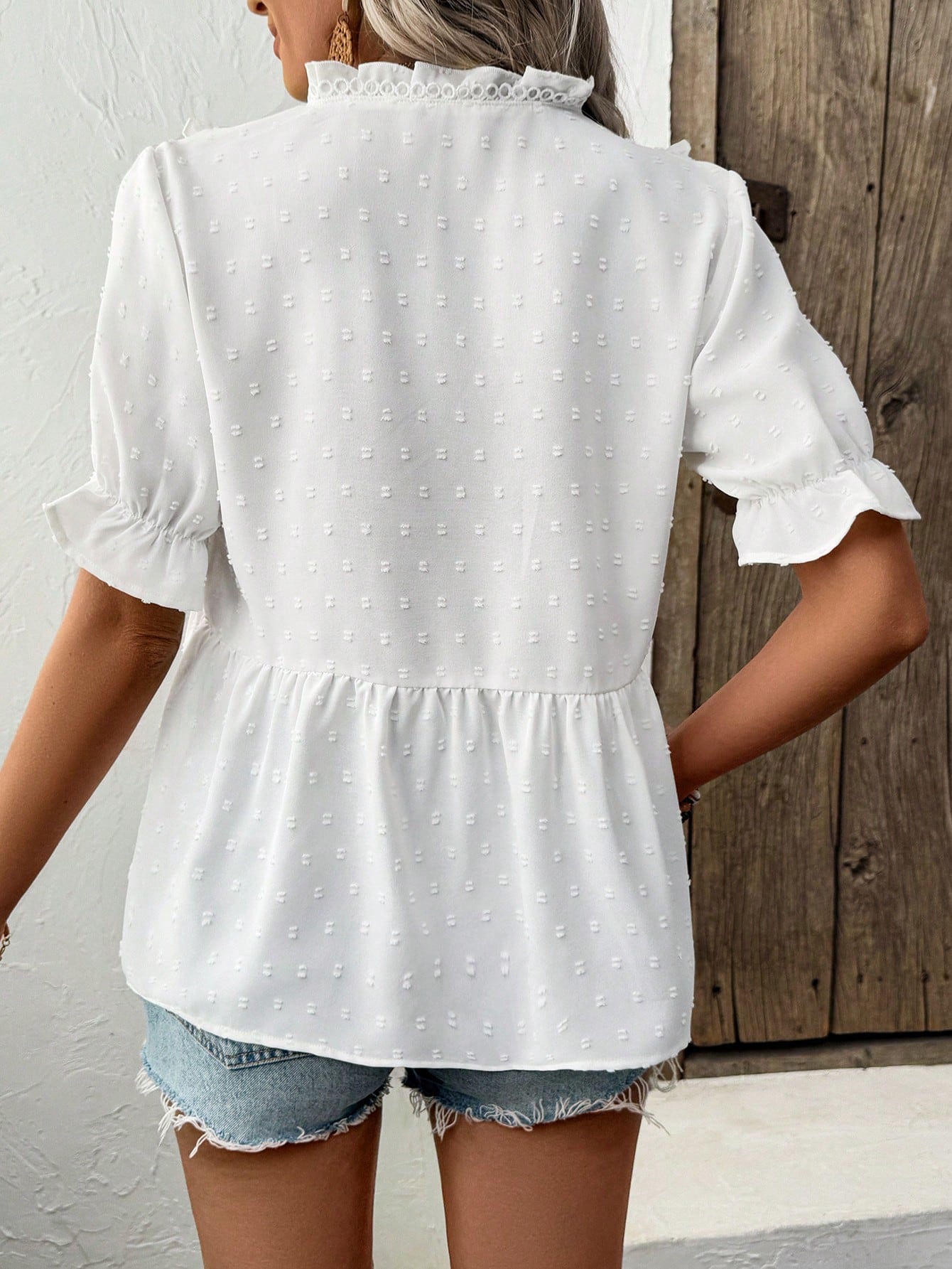 LUNE Women's White Floral V-Neck Ruffle Trim Blouse,Summer Boho Holiday Vacation Holiday Short Sleeve Pleated Waist A-Line Babydoll Cottage Core Shirt