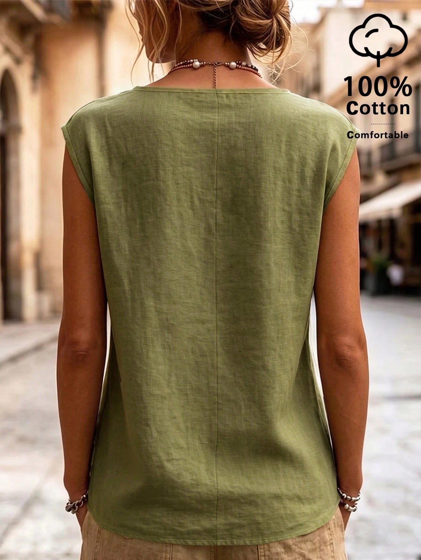 LUNE Women's Woven Casual Boho Tropical Resort Summer Blouse Vacation Sage Green