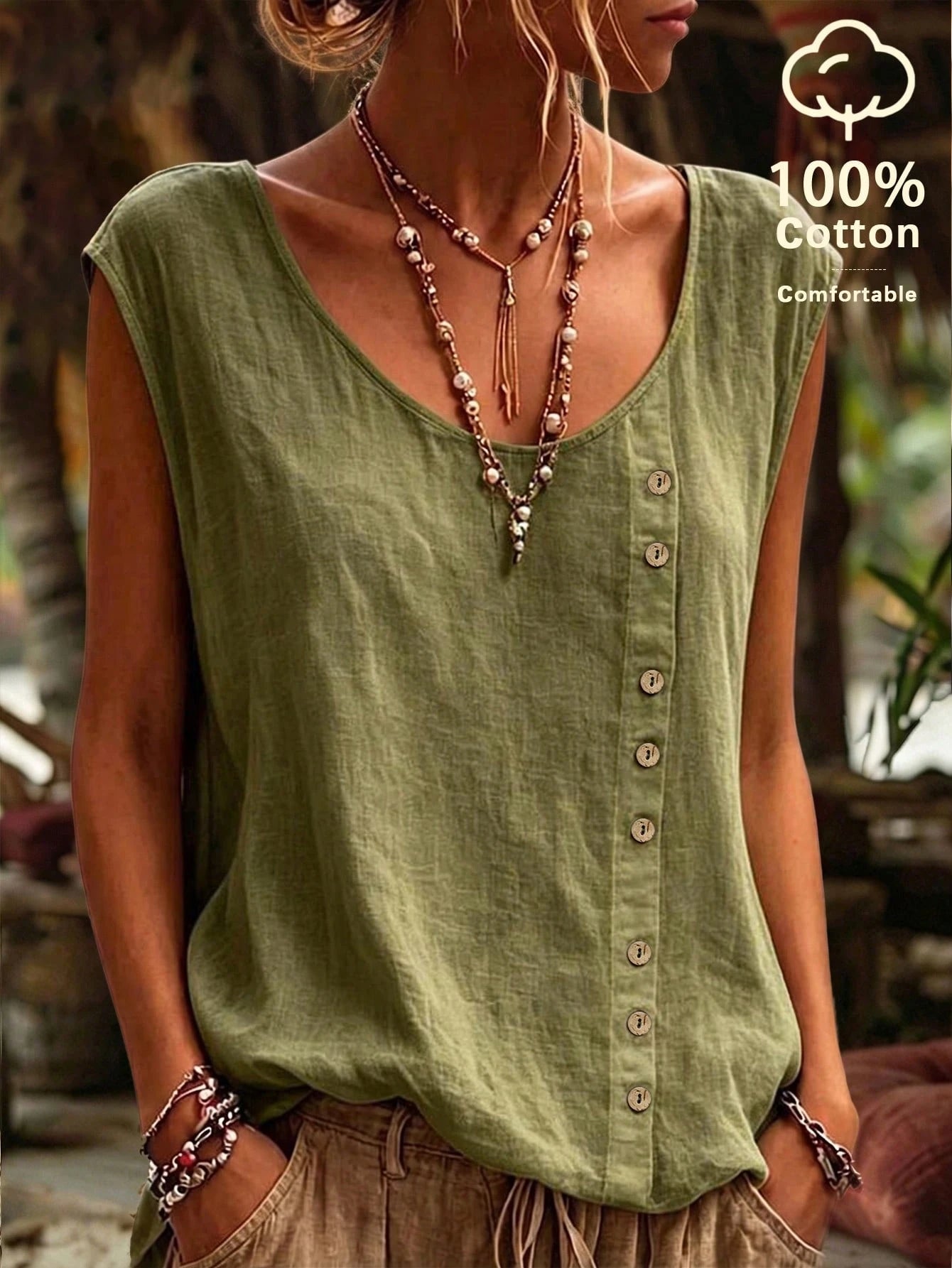 LUNE Women's Woven Casual Boho Tropical Resort Summer Blouse Vacation Sage Green