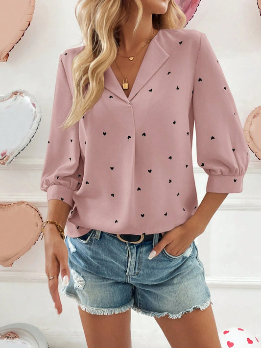 LUNE Women V-Neck Turnover Collar 3/4 Lantern Sleeve Heart Print Casual Cute Vacation Romantic Elegant Blouse Date Pink Autumn