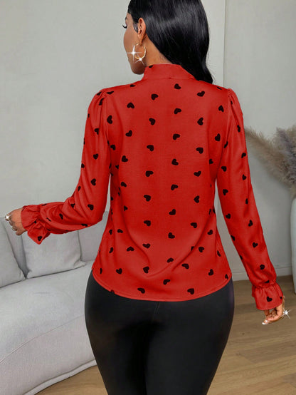 Lunelith Lunessa Heart Print Butterfly Sleeve Tie Front Long Sleeve Women Blouse For New Year Clothes