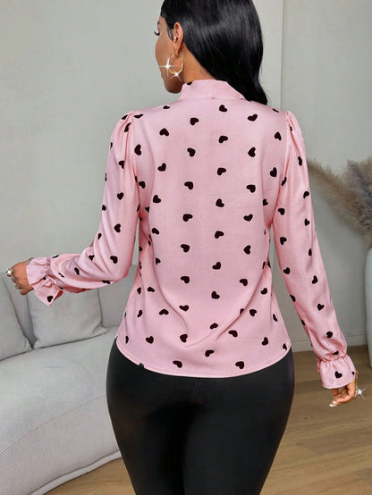 Lunelith Lunessa Heart Print Butterfly Sleeve Tie Front Long Sleeve Women Blouse For New Year Clothes